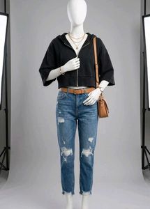 Zudio Black Cropped Zip-Up Hoodie Jacket (Size M)