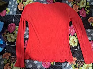 Chic Red Ribbed Long Sleeve Top
