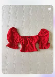 Red Off-Shoulder Puff Sleeve Crop Top