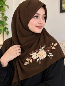 Hand Embroidered florel Brown Hijab Scarf