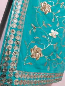 Turquoise Saree with Gold Embroidery