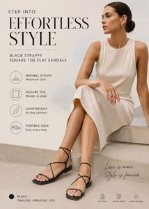 🇬🇧Black Strappy Square Toe Flat Sandals