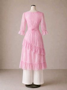 Women's Pink Ruffle Midi Dress with 3/4 Sleeves