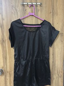 Chic Black Satin Romper with Lace Detail
