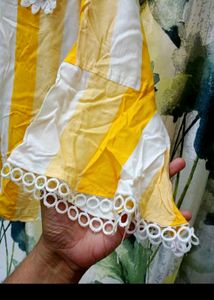 Chic Yellow &amp; White Striped Top with Flower Accent