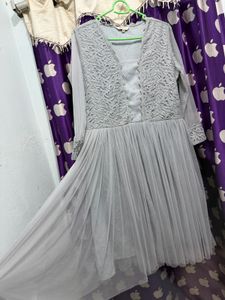 Elegant Grey Lace &amp; Tulle Gown