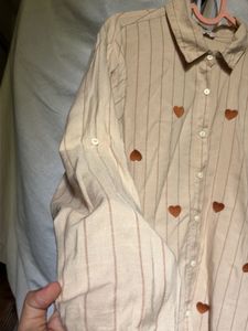 Cute Heart Striped Button-Up Oversized Fit Shirt
