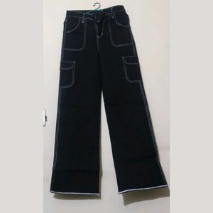 Black Wide Leg Contrast Stitch Pants
