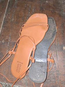 Tan Strappy Lace-Up Flat Sandals