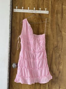 Cute Pink One-Shoulder Tiered Mini Dress