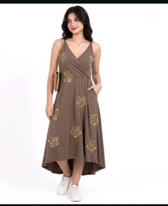 Brown Floral V-Neck Midi Dress