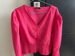 V-Neck Textured Pink Blouse