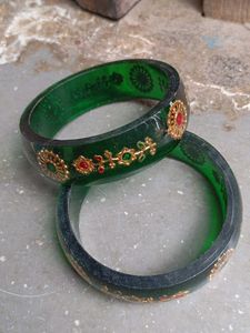 Elegant Green Bangles with Gold & Stone Accents