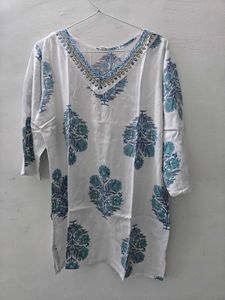 White Kurta with Blue Floral Print