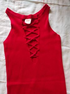 URBANIC Red Lace-Up Knit Dress