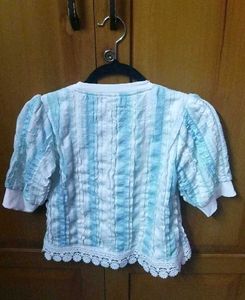 Cute Blue &amp; White Striped Puff Sleeve Top