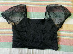 H&amp;M Black Crop Top With Sheer Overlay