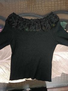 Chic Black Off-Shoulder Lace Trim Top
