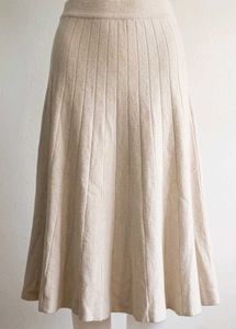 Beige Ribbed Knit A-Line Midi Skirt (Waist 25")