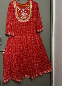 Red Bandhani Printed Kurta with Mirror Work