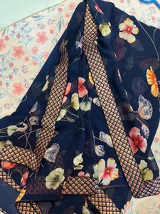 Navy Floral Print Saree
