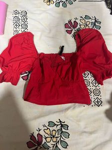 Red Off-Shoulder Puff Sleeve Crop Top