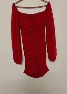 Chic Red Ruched Long Sleeve Dress