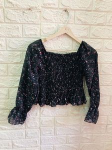 Black Floral Smocked Square Neck Top🎗️