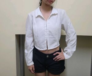 White Cropped Button-Up Shirt