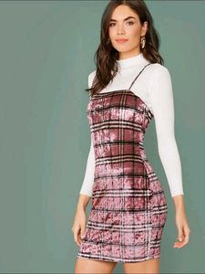 Imported Pink Plaid Velvet Mini Dress
