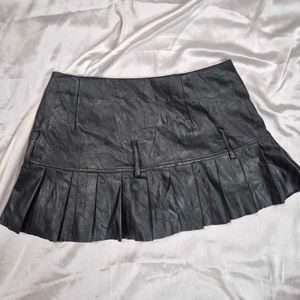 Black Pleated Faux Leather Mini Skort