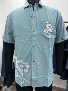 Men's Blue Short Sleeve Embroidered Shirt
