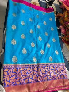Vibrant Blue Silk Saree with Pink Border