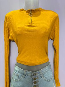 Mustard Yellow Ribbed Zip-Up Top