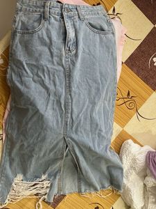 Ripped Denim Midi Skirt