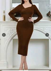 Chic Brown Ribbed Knit Midi Dress
