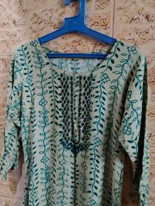 Cream &amp; Green printed mirror work Floral Kurta .