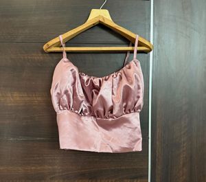 Casual Pink Satin Crop Top