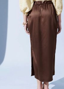 Brown Satin Pencil Midi Skirt