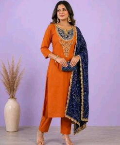 Women Orange Kurta with Blue Dupatta