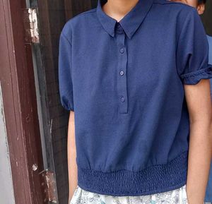 Stylish Blue Collared Short Sleeve Top
