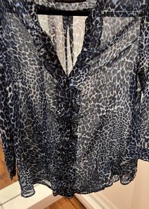 zara basic Sheer Leopard Print ruffle Blouse
