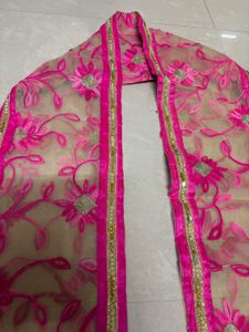 Elegant Beige Net Dupatta with Vibrant Pink Floral