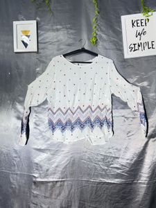 White Boho Printed Button-Up Top