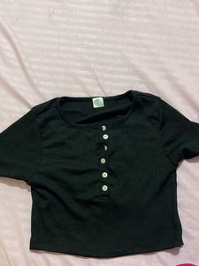 Ribbed Black Henley Crop Top