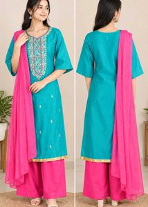 Teal Kurta Set with Pink strat pant  and Dupatta