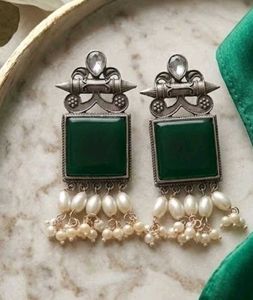 Elegant Green Stone & Pearl Earrings