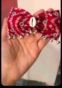 Red Bandhani Hair Bow with Mirror and Bells