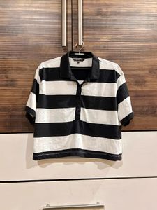 Black & White Striped Polo T-Shirt | Size M