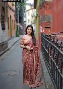 Elegant Ajrakh Printed Red Saree